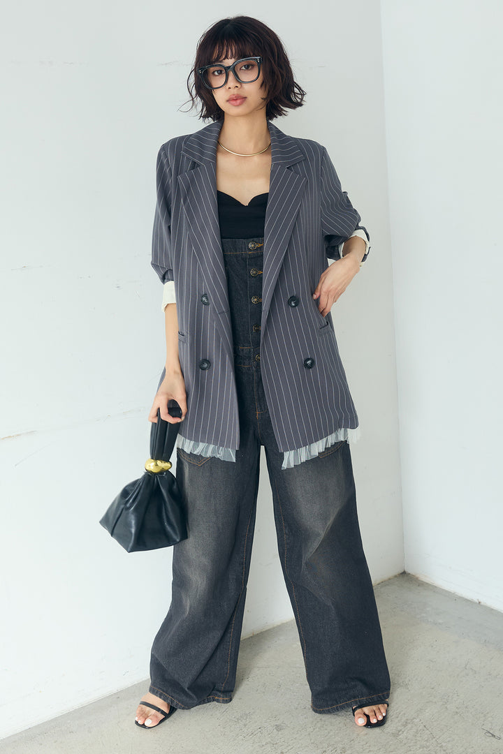 [SET]裾フリルダブルジャケット+デニムサロペットワイドパンツ(2set)