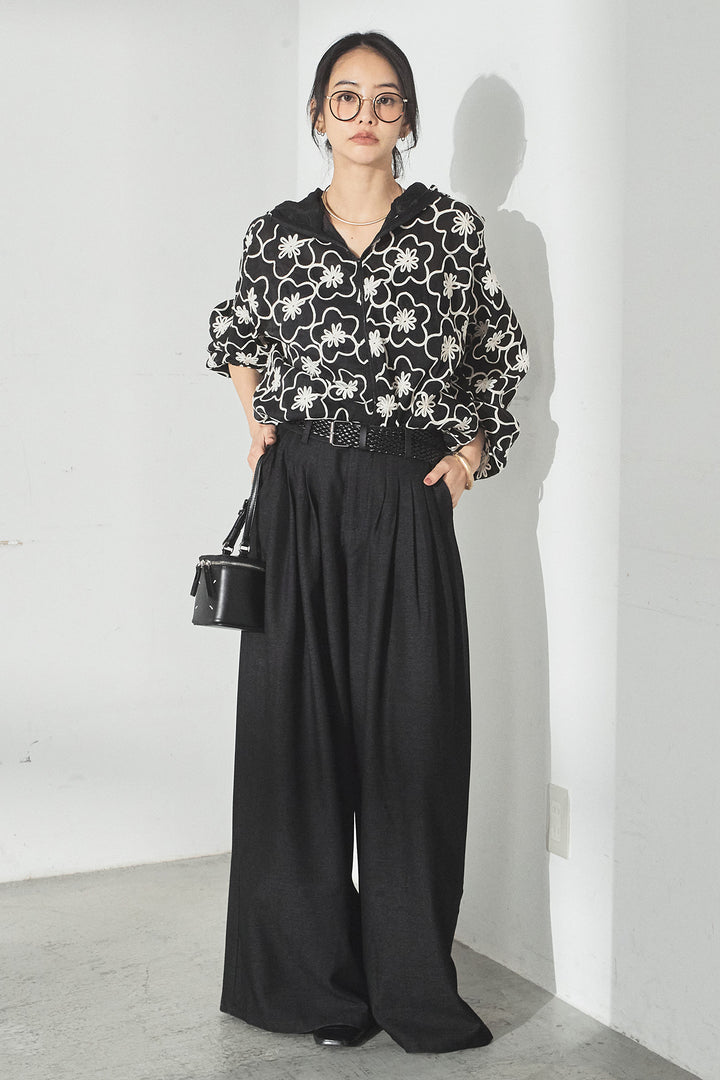 [SET]シアーフラワーフードブルゾン+編みベルト付きウエストタックワイドパンツ(2set)