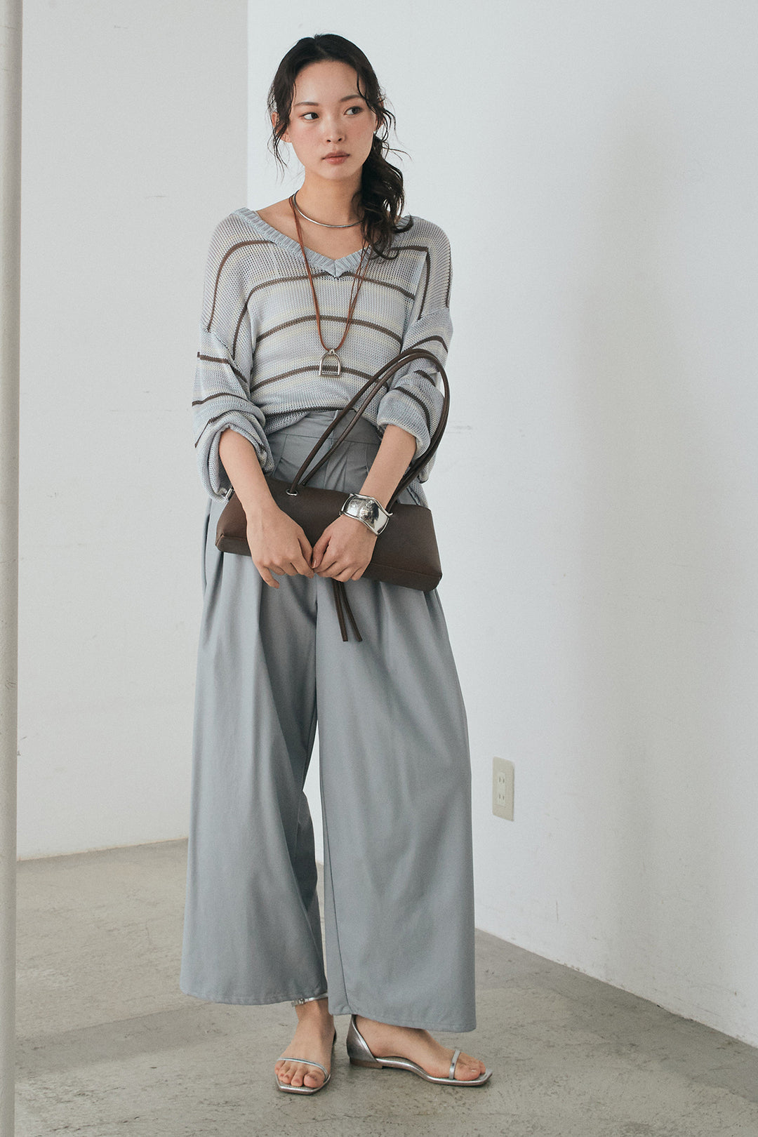 [SET]綿タッチVネックボーダートップス+ウォッシャブルエコレザータックパンツ(2set)