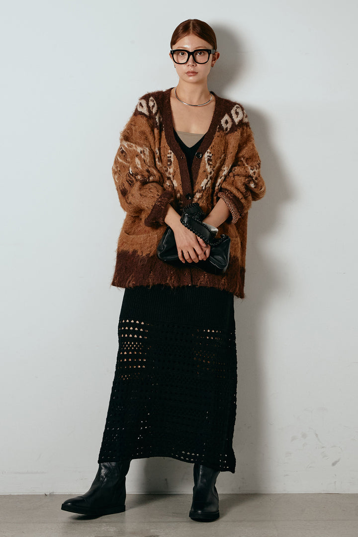 [SET]シャギーニュアンス柄ニットカーディガン+裾透かし編みキャミソールニットワンピース(2set)