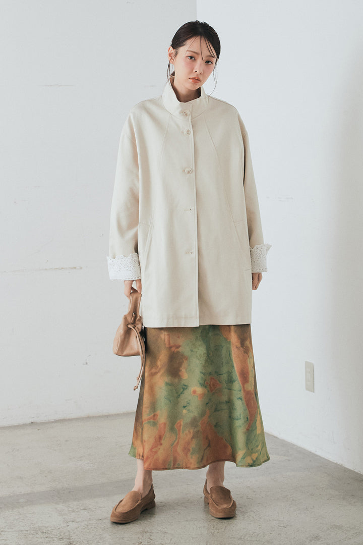 [SET]袖折り返しレースデザインアウター+ニュアンス柄サテンスカート(2set)