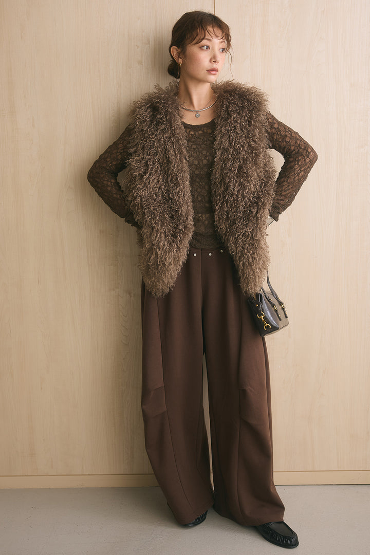 [SET]ロングシャギーファーベスト+スタッズ付きニーサイドタックスウェットパンツ(2set)