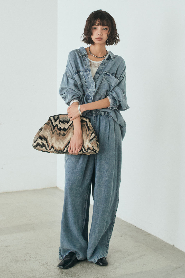 [SET]テンセルデニムシャツ+テンセルデニムイージーワイドパンツ+ストレッチレースクルーネックインナー(3set)