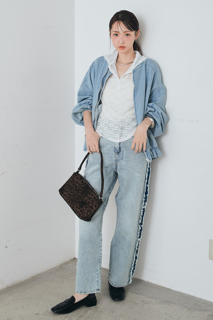 [SET]袖シャーリング裾フリルデニムブルゾン+デニムサイドフリルパンツ(2set)