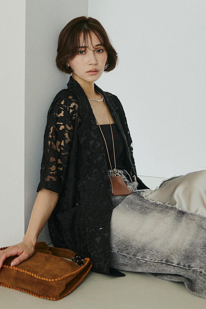 [SET]シアージャガードハーフスリーブテーラードジャケット+サテン切り替えデニムスカート(2set)