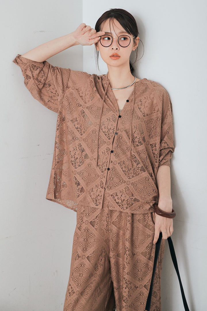 [SET]ブロックレースフード付きブラウス+リラックスブロックレースワイドパンツ(2set)