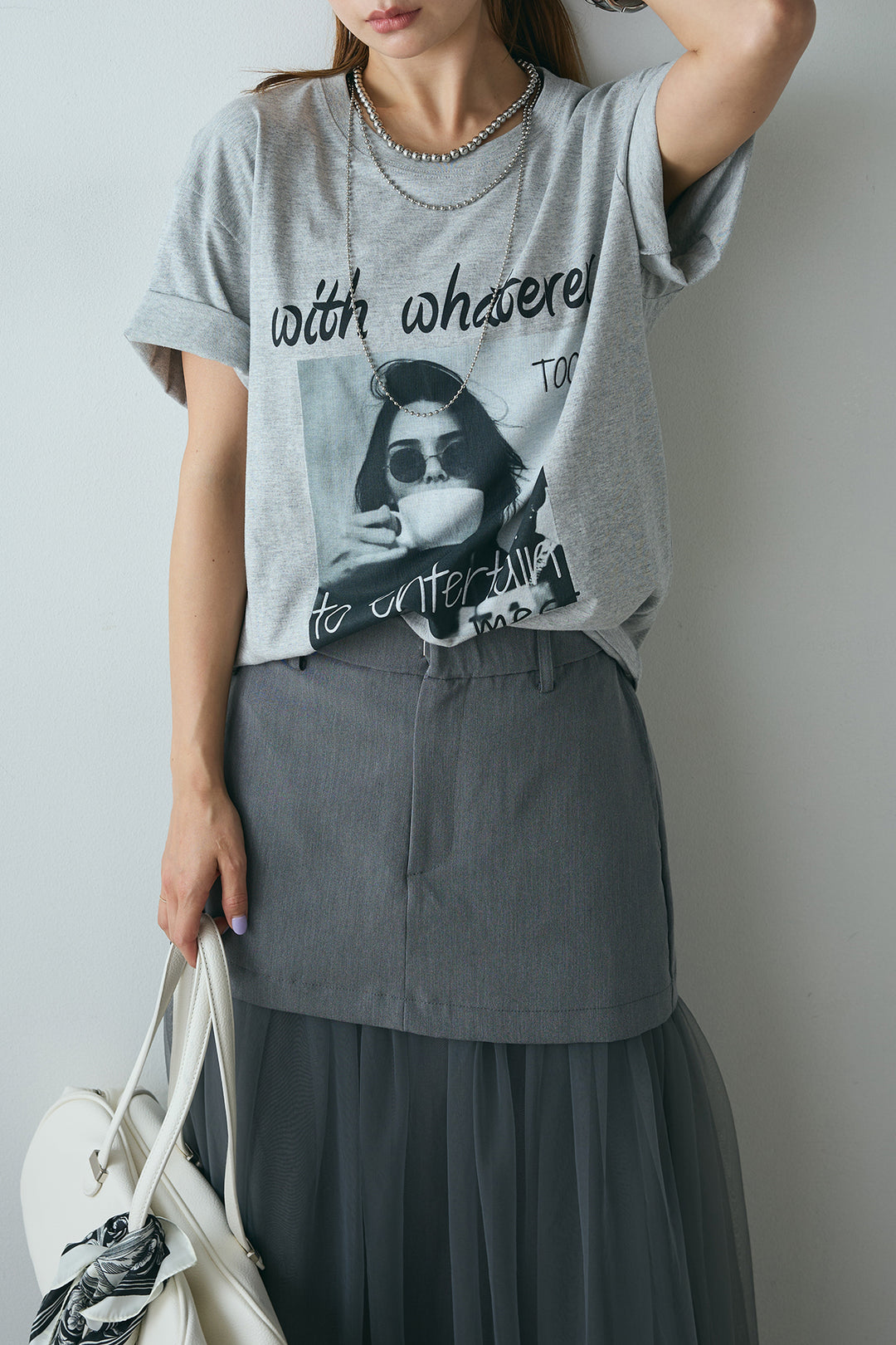 [SET]モノトーンフォトプリントTシャツ+切り替えデザインボリュームチュールスカート(2set)
