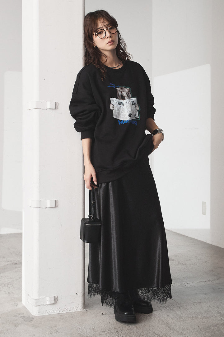 [SET]裏起毛モーニングキャットプリントスウェット+裾レースデザインサテンスカート(2set)