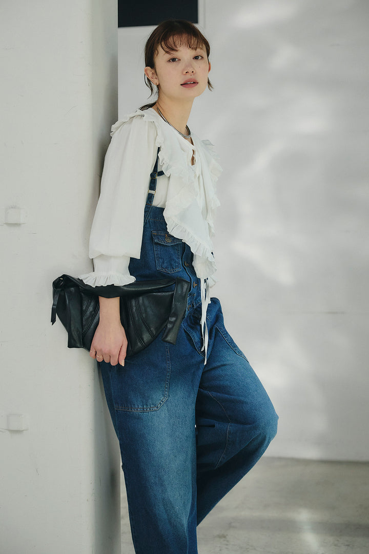 [SET]コットンフリルブラウス+デニムサロペットワイドパンツ(2set)