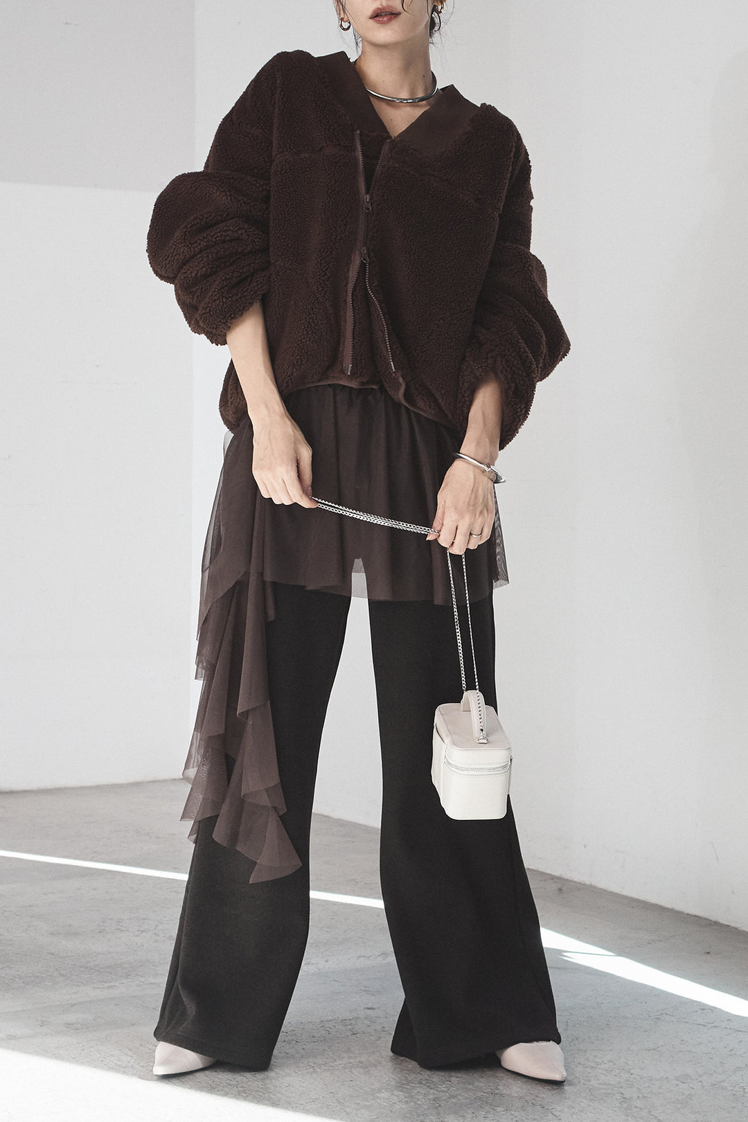 [SET]ノーカラーリブボアアウター+チュールレイヤードニットパンツ(2set)