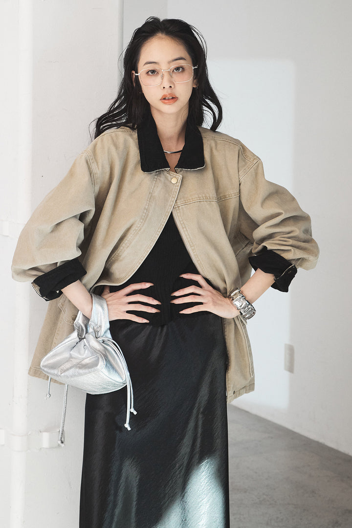 [SET]襟コーデュロイデザインデニム調カバーオール+裾レースデザインサテンスカート(2set)