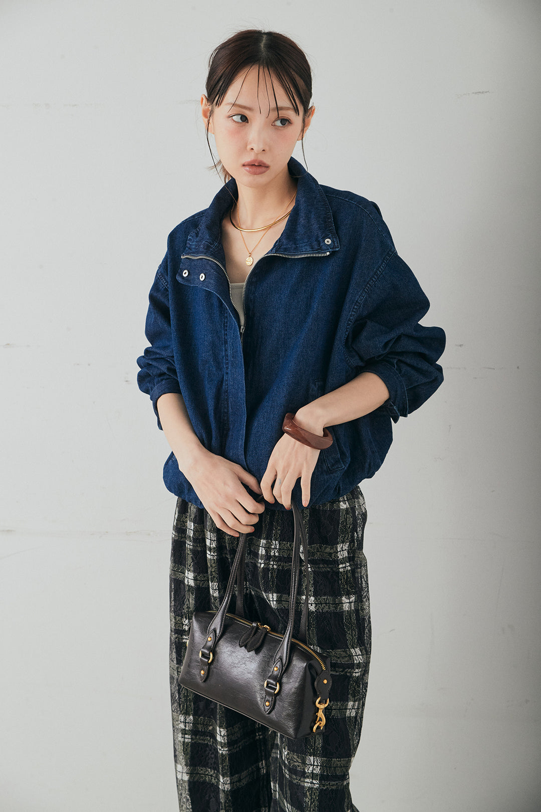 [SET]スタンドカラーデニムブルゾンジャケット+レースチェックワイドイージーパンツ(2set)