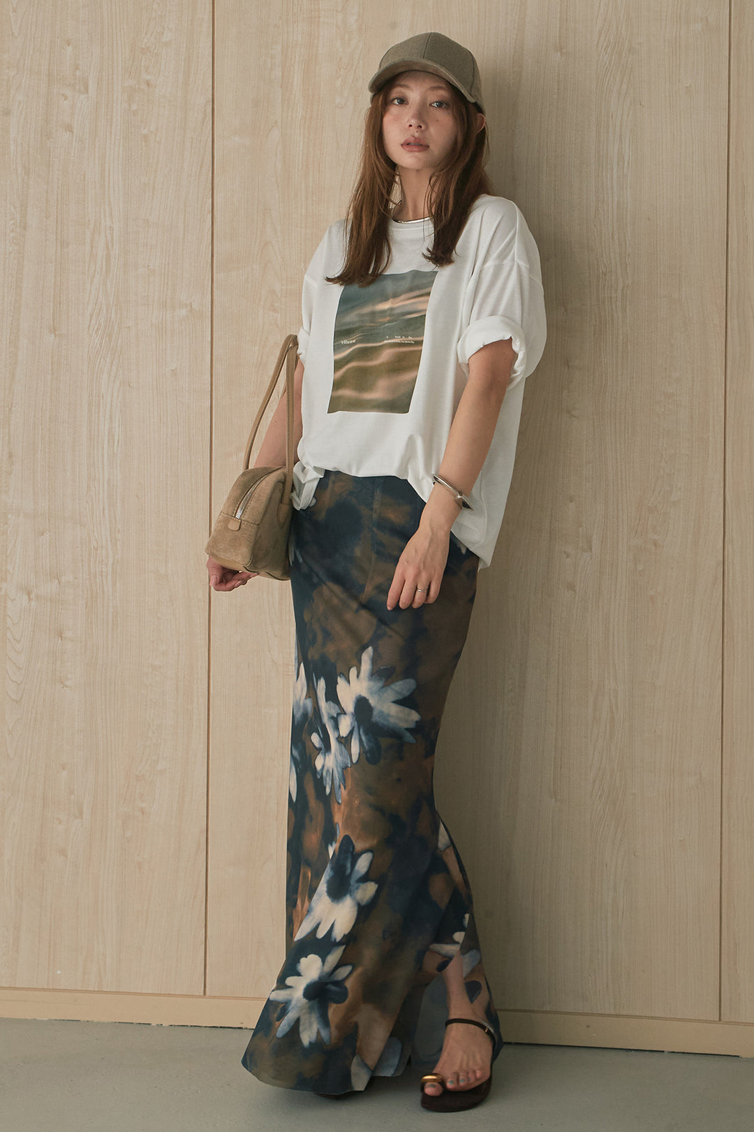 [SET]MarbleプリントTシャツ+ニュアンス花柄スカート(2set)