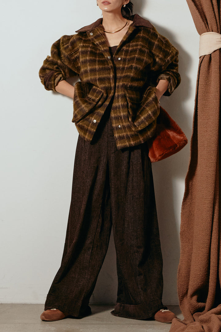 [SET]チェックシャギーミドルカバーオール+フェイクレザーベルト付きスウェードライクワイドパンツ(2set)