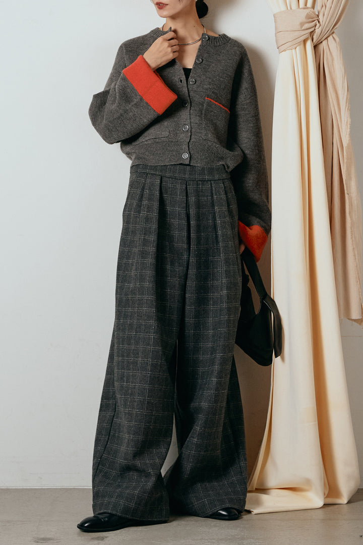 [SET]アルパカタッチダブルフェイスカーディガン+ウールライクチェックタックパンツ(2set)