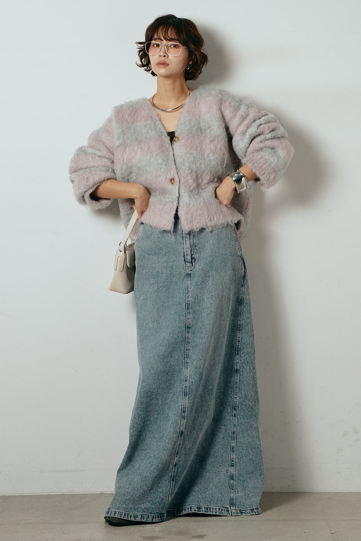 [SET]シャギーボーダー柄ニットカーディガン+デニムロングフレアスカート(2set)