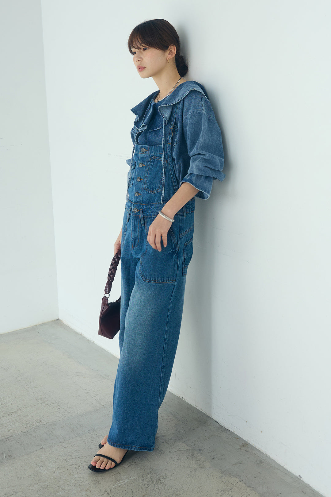 [SET]デニムフリルブラウス+デニムサロペットワイドパンツ(2set)