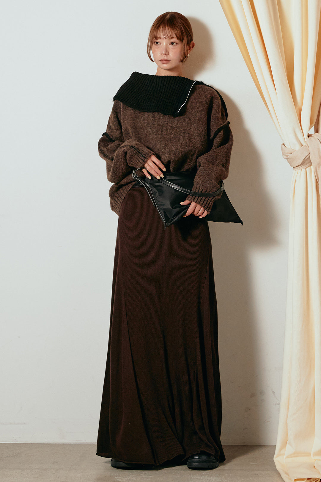 [SET]ハイネックジップデザインニットトップス+サイド切り替えリブニットロングスカート(2set)