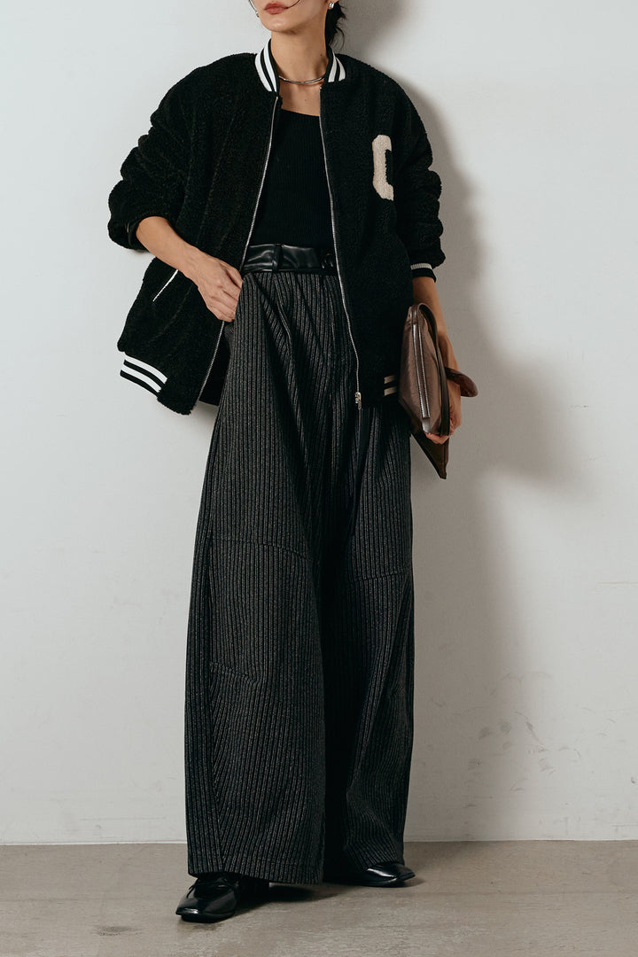 [SET]ロゴスタジャンボアブルゾン+レザーライク配色ストライプパンツ(2set)