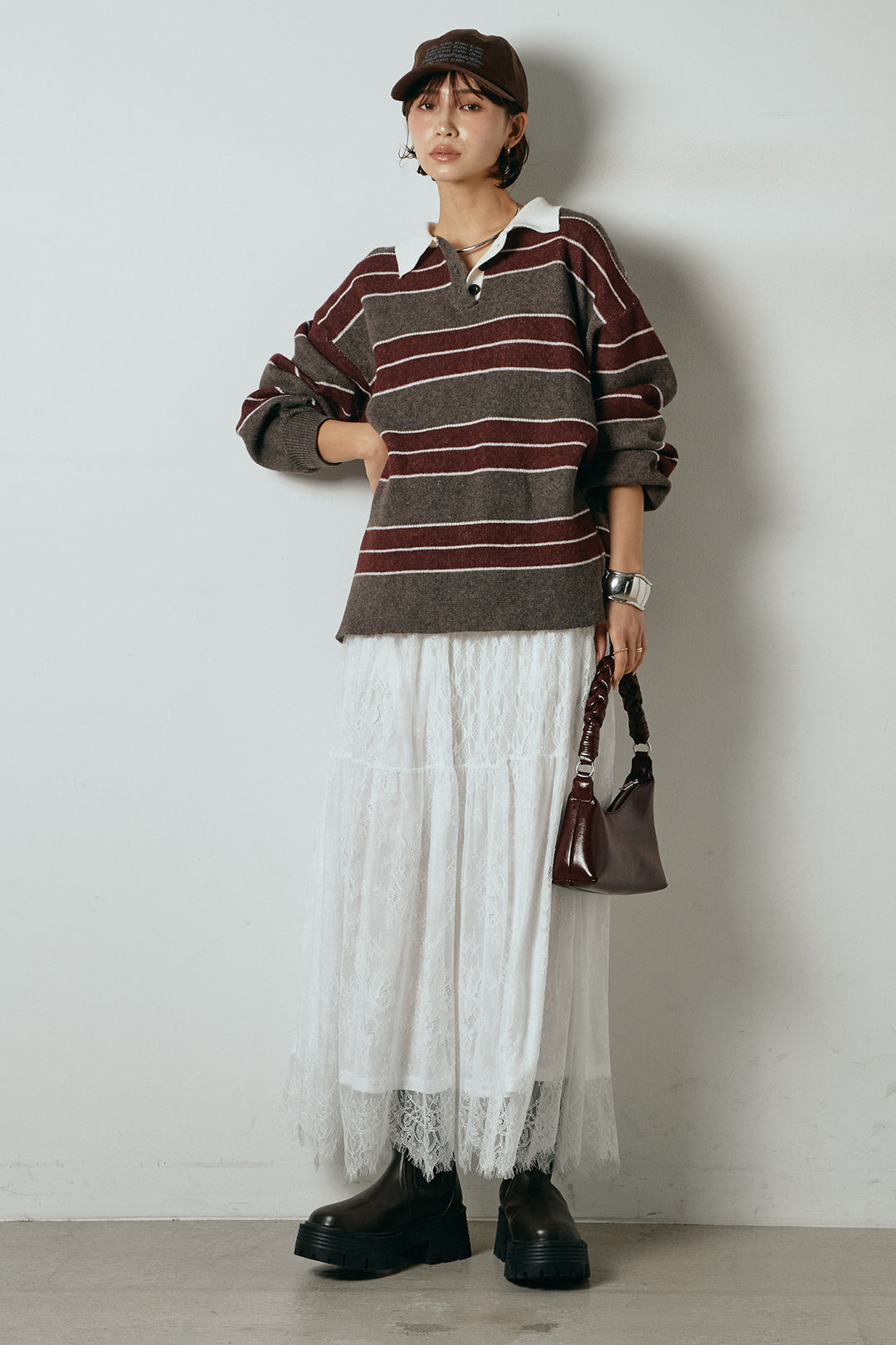 [SET]ラガーニットボーダーポロプルオーバー+ひげレース切替ロング丈スカート(2set)