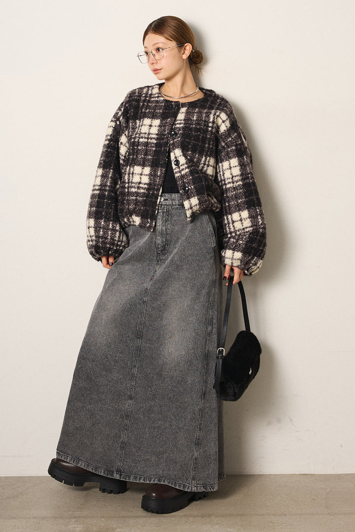 [SET]ノーカラーチェック柄ボアブルゾン+デニムロングフレアスカート(2set)