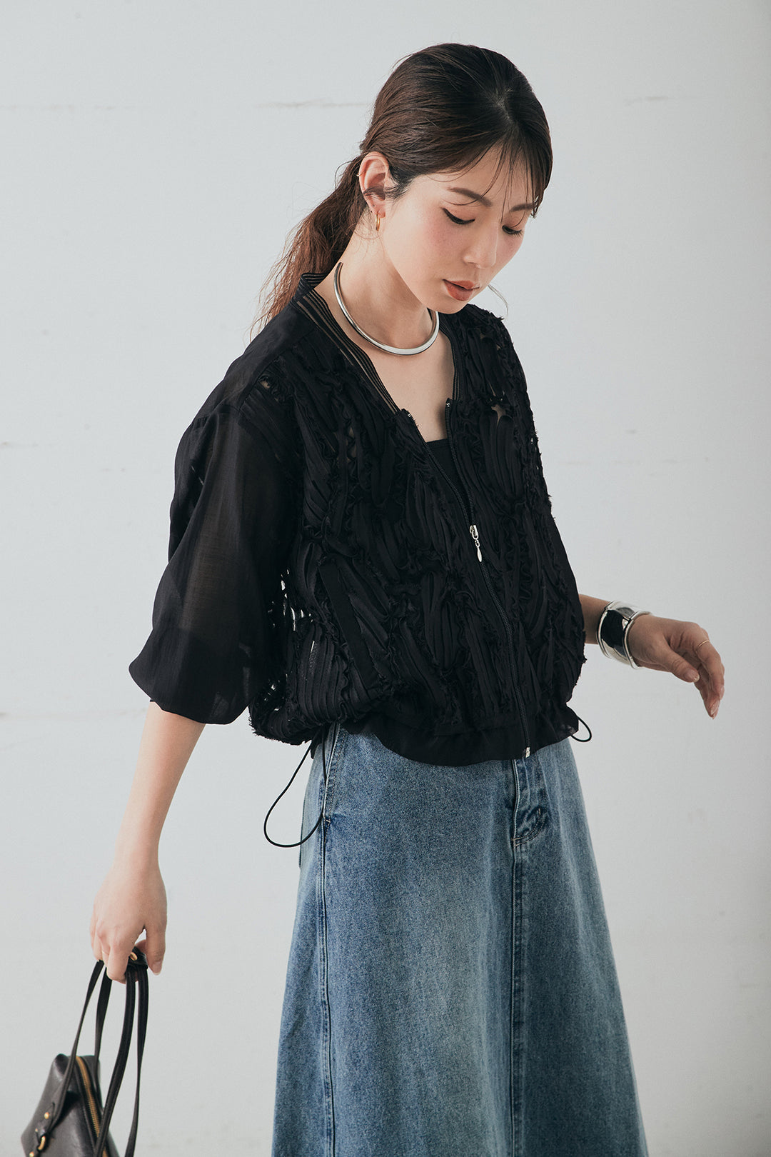 [SET]モチーフ付きシアーブルゾン+デニムロングフレアスカート(2set)