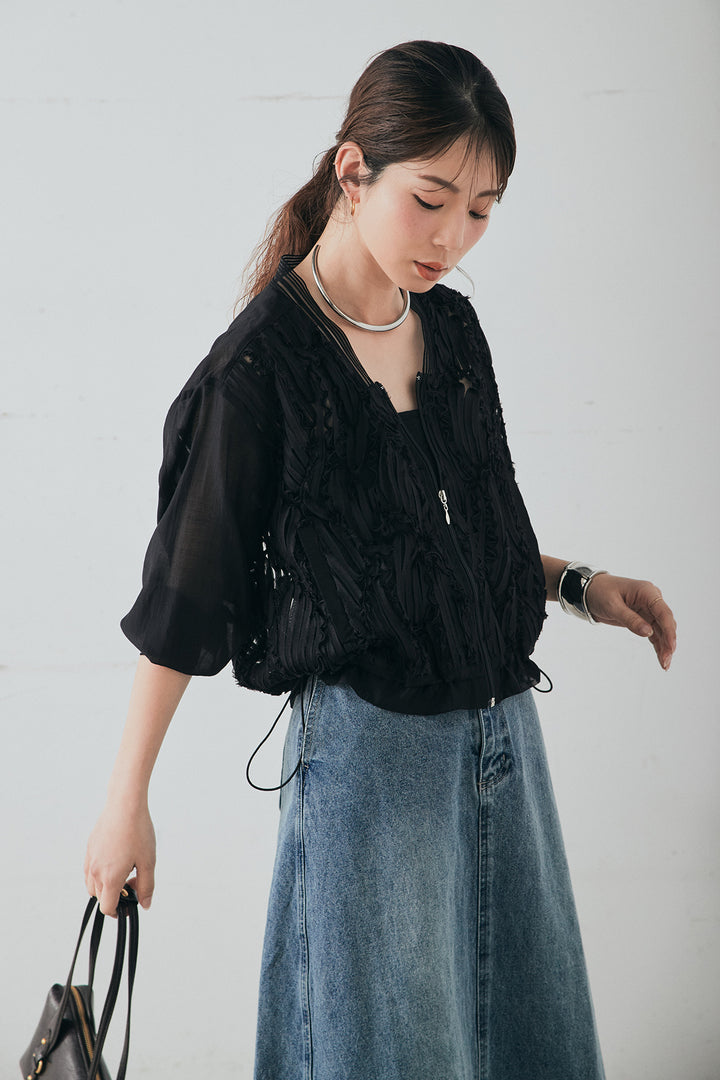 [SET]モチーフ付きシアーブルゾン+デニムロングフレアスカート(2set)