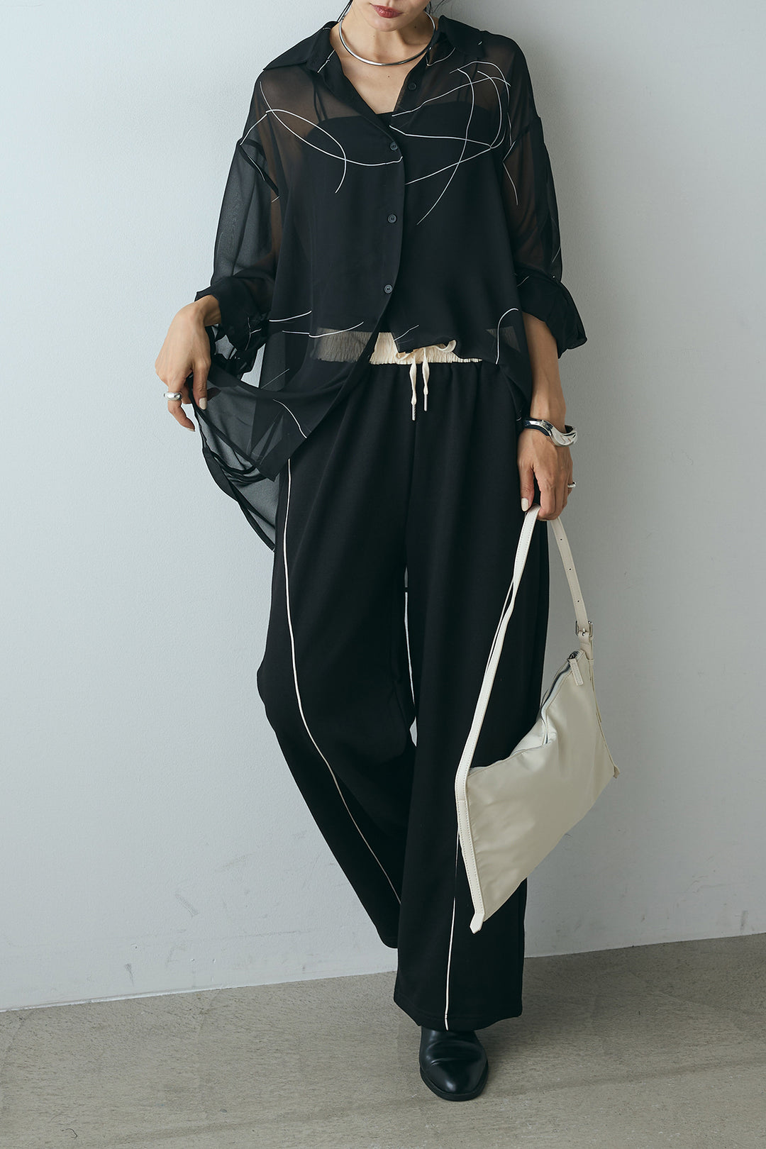 [SET]ニュアンスライン柄シアーシャツ+裏毛カーブラインワイドパンツ(2set)