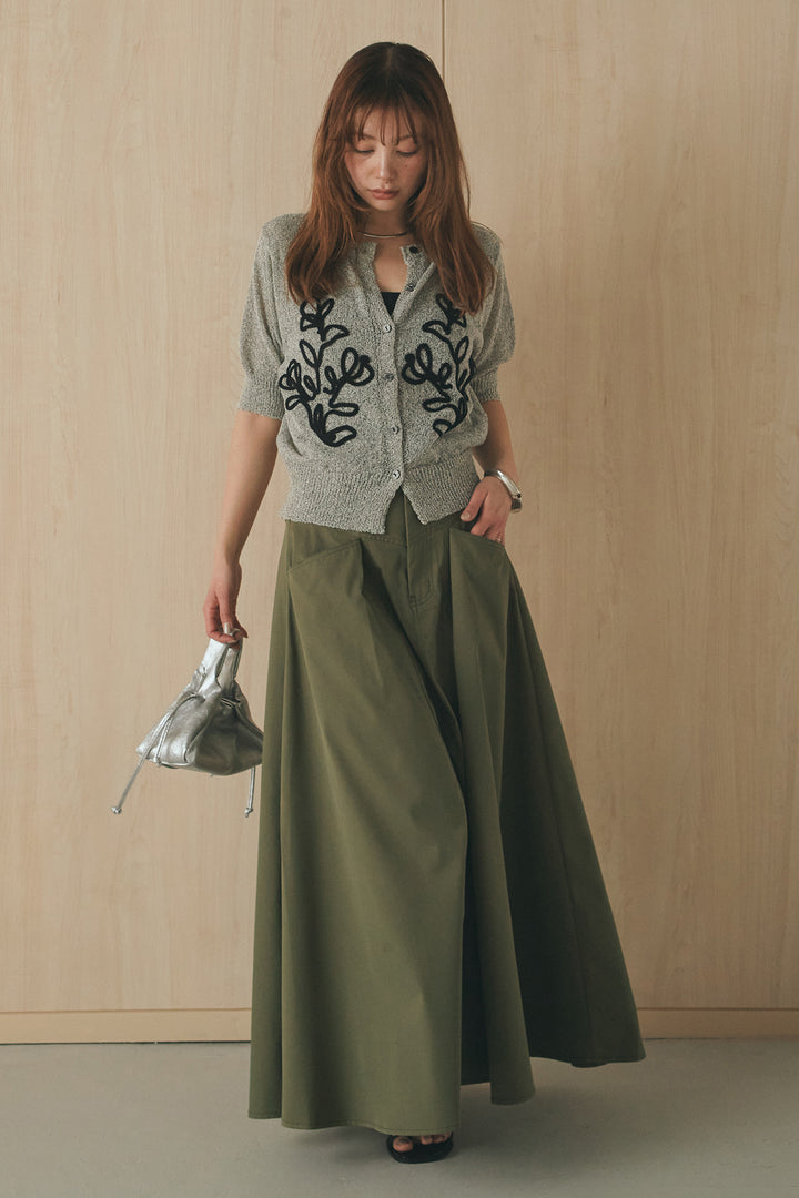 [SET]フロントテープデザイン半袖カーディガン+ミリタリーツイルタックフレアスカート(2set)