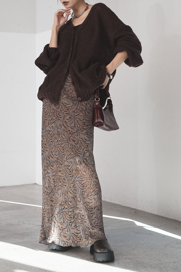 [SET]コード刺繍リラックスニットカーディガン+抽象柄ロングスカート(2set)