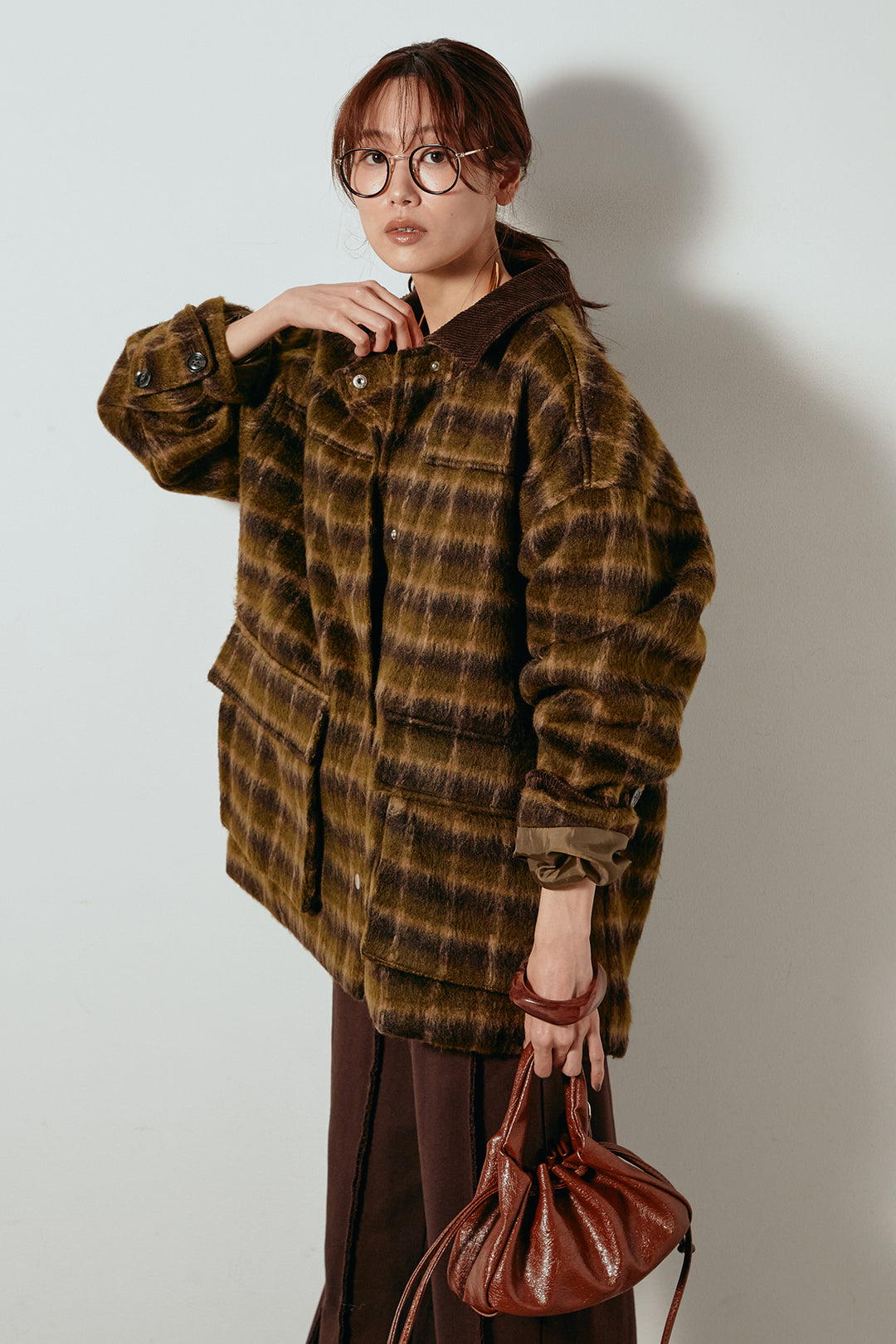 [SET]チェックシャギーミドルカバーオール+フロントラインデザインワイドスウェットパンツ(2set)