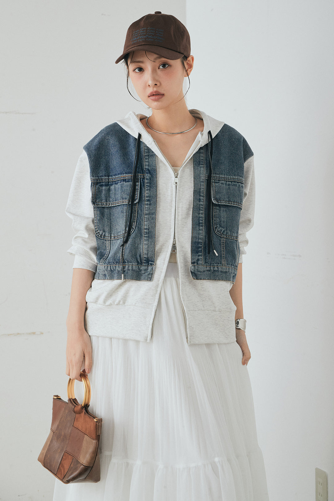 [SET]デニム切替ポンチダブルジップパーカー+ボリュームシルエットチュールスカート(2set)