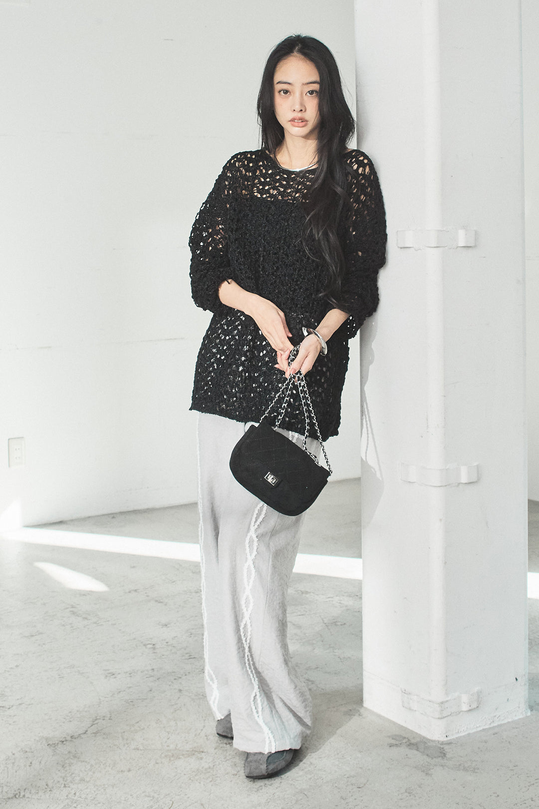 [SET]リラックスメッシュニットトップス+刺繡テープラインパンツ(2set)