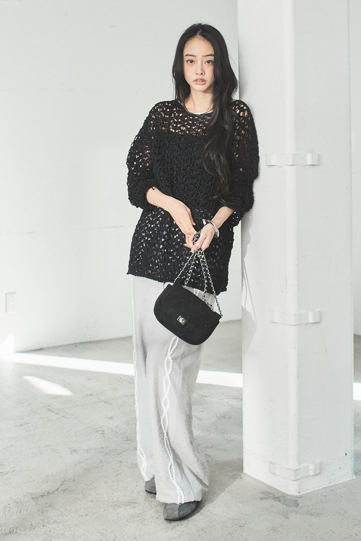 [SET]リラックスメッシュニットトップス+刺繡テープラインパンツ(2set)