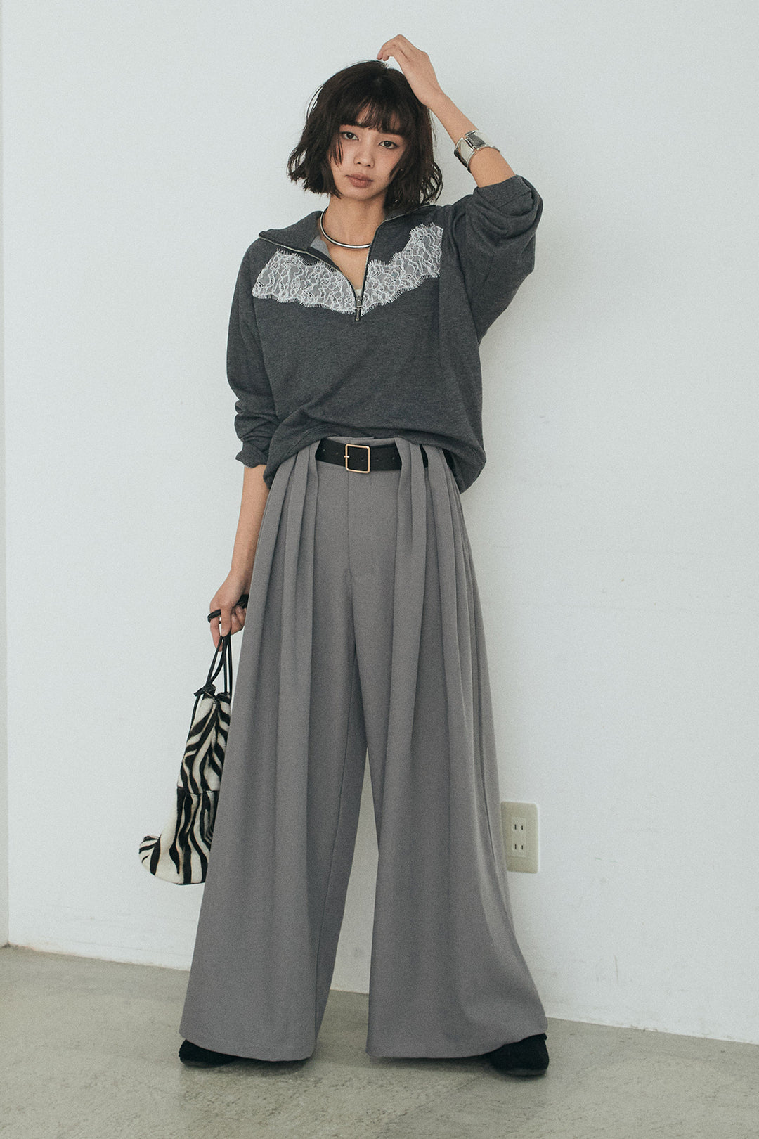 [SET]リバーレースハーフジップ裏毛スウェット+ベルト付きタックデザインハイウエストロングパンツ(2set)