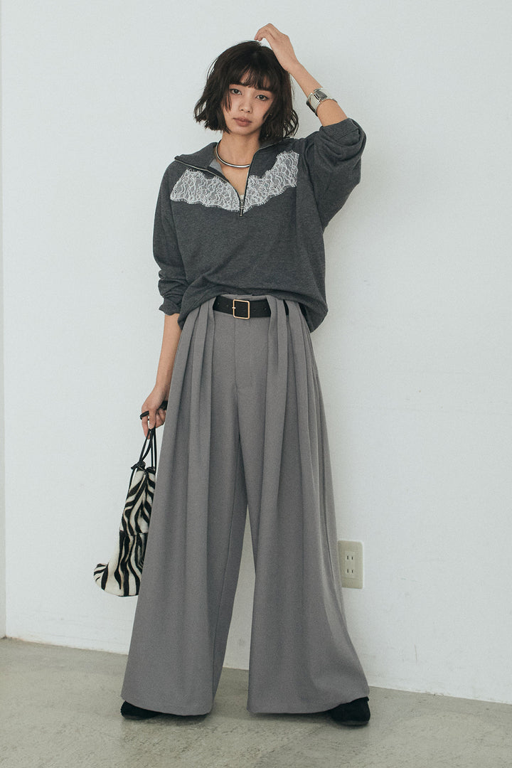 [SET]リバーレースハーフジップ裏毛スウェット+ベルト付きタックデザインハイウエストロングパンツ(2set)