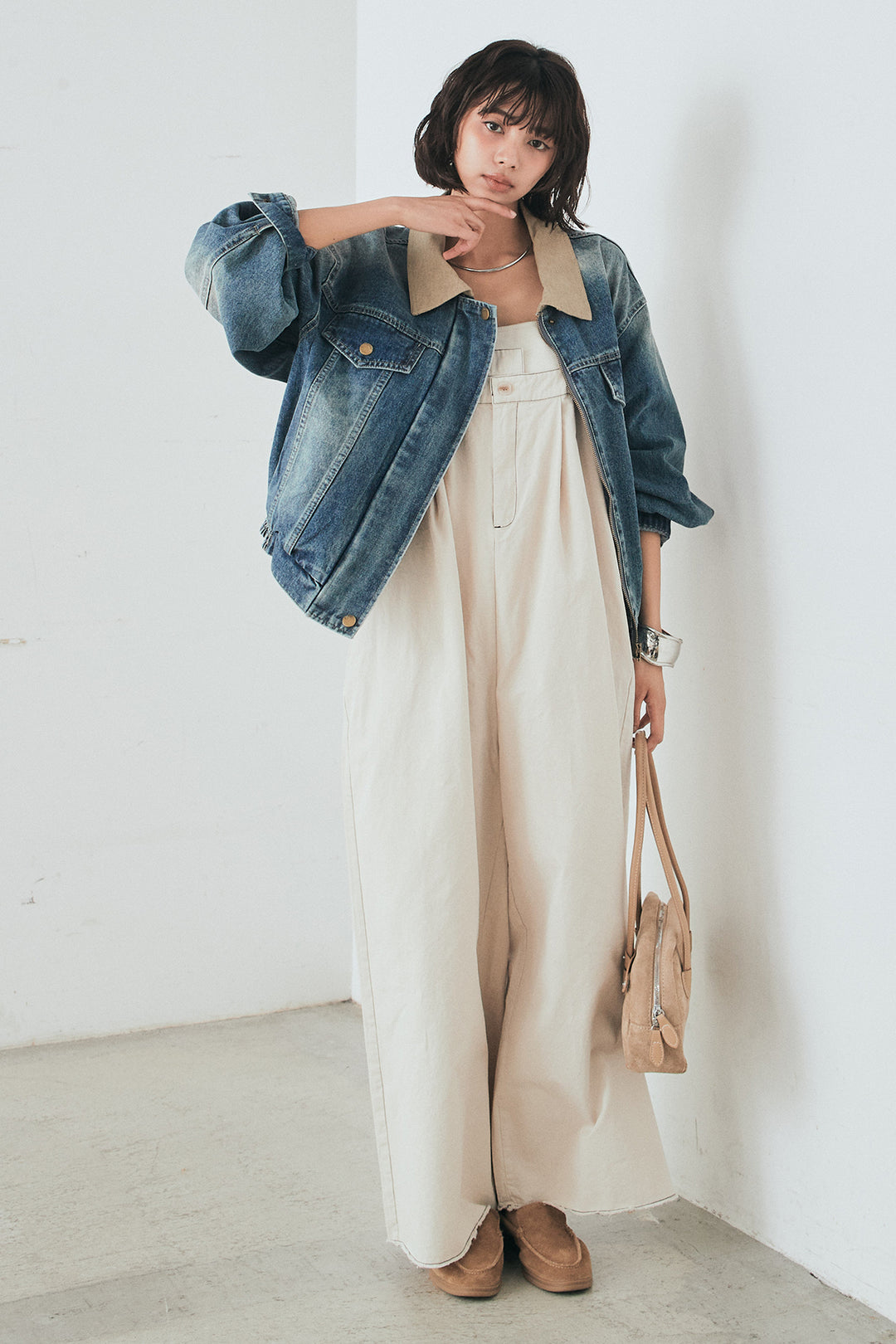 [SET]襟切り替えジップデニムジャケット+綿ツイルアシメサロペット(2set)