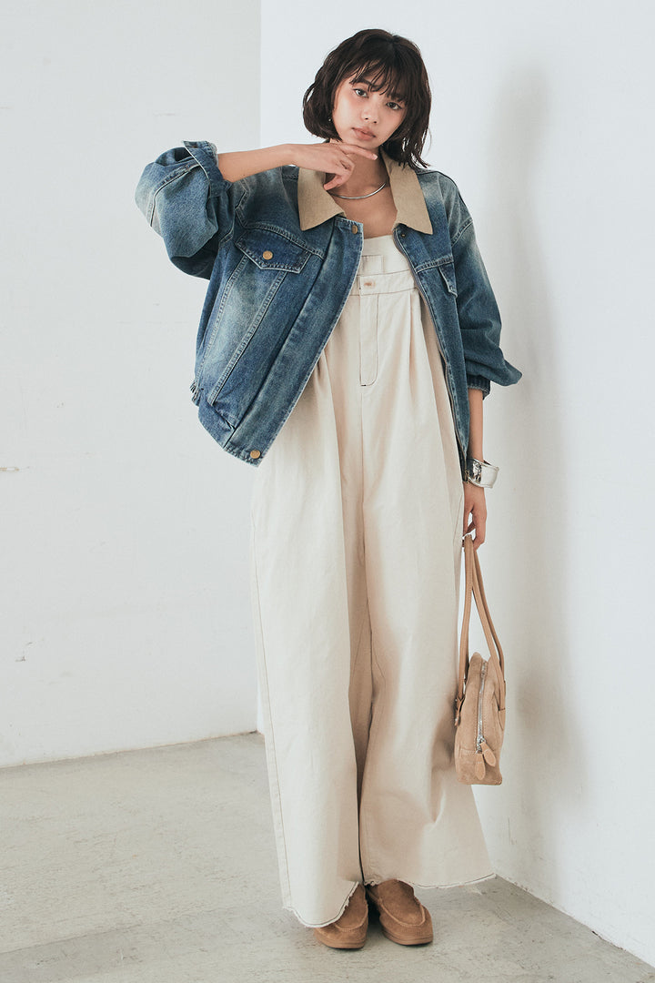 [SET]襟切り替えジップデニムジャケット+綿ツイルアシメサロペット(2set)