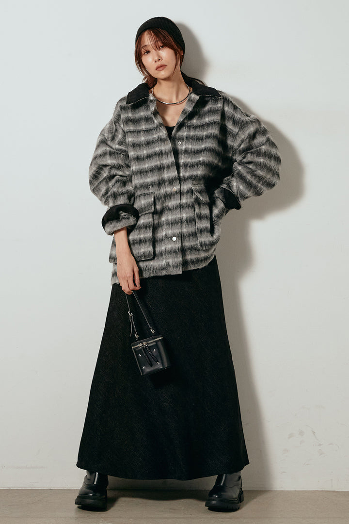 [SET]チェックシャギーミドルカバーオール+スウェードライクロングスカート(2set)