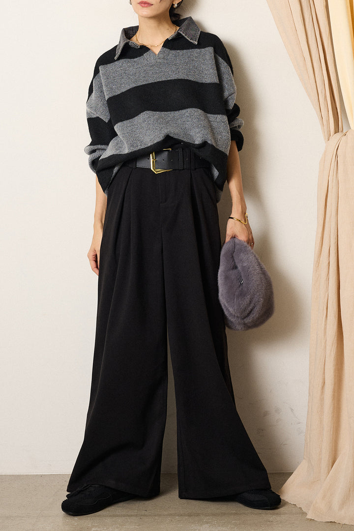 [SET]デニムカラーボーダールーズニット+ゴールドバックル太ベルト付きワイドパンツ(2set)