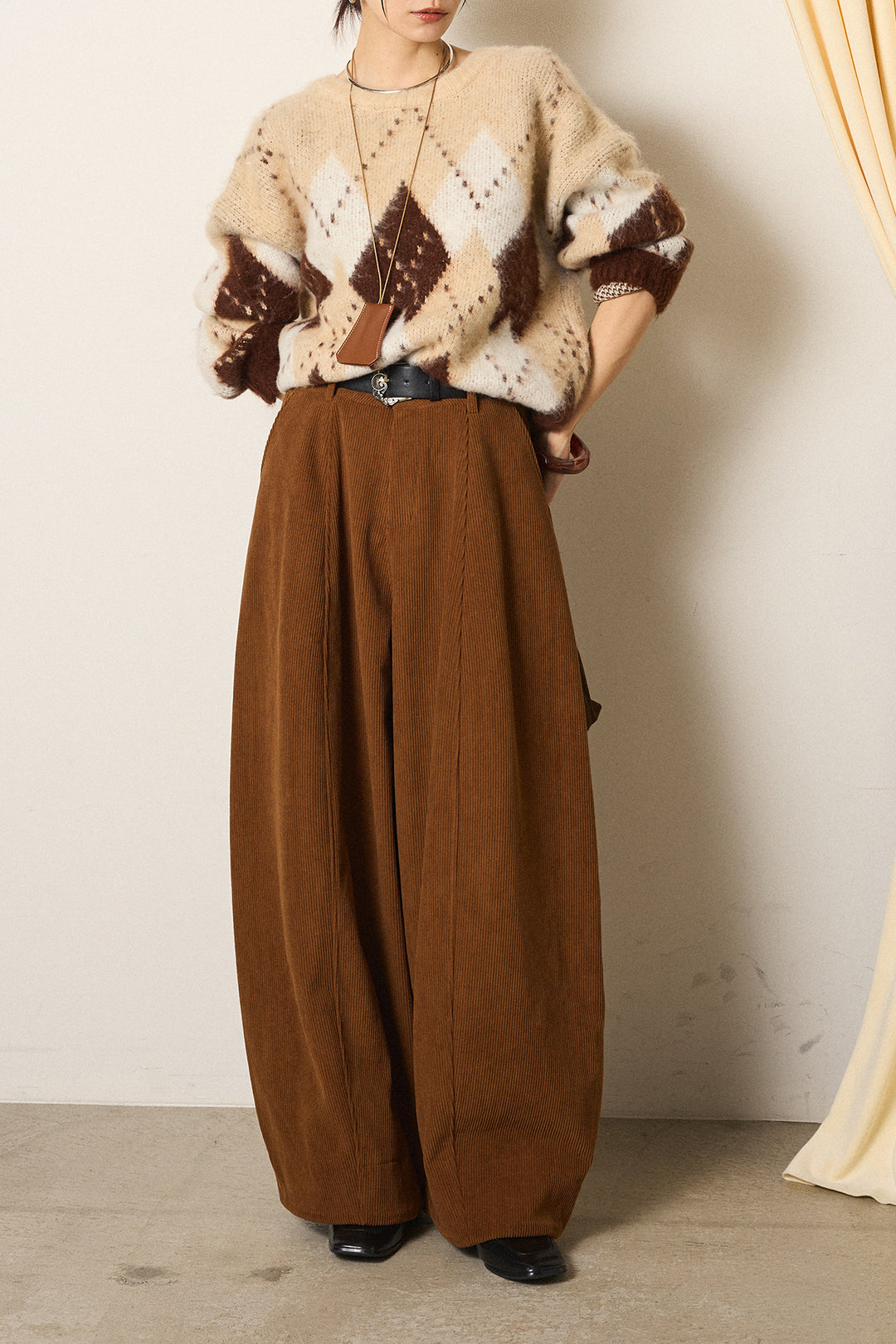 [SET]配色アーガイル柄ニットトップス+ベルト付きコーデュロイワイドパンツ(2set)