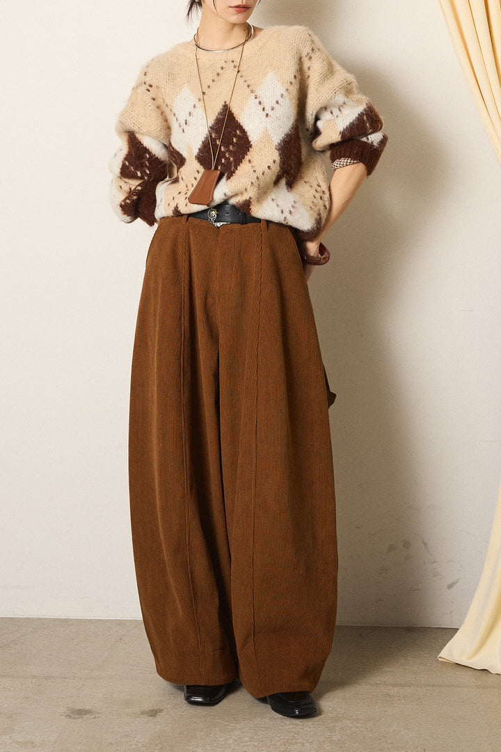 [SET]配色アーガイル柄ニットトップス+ベルト付きコーデュロイワイドパンツ(2set)