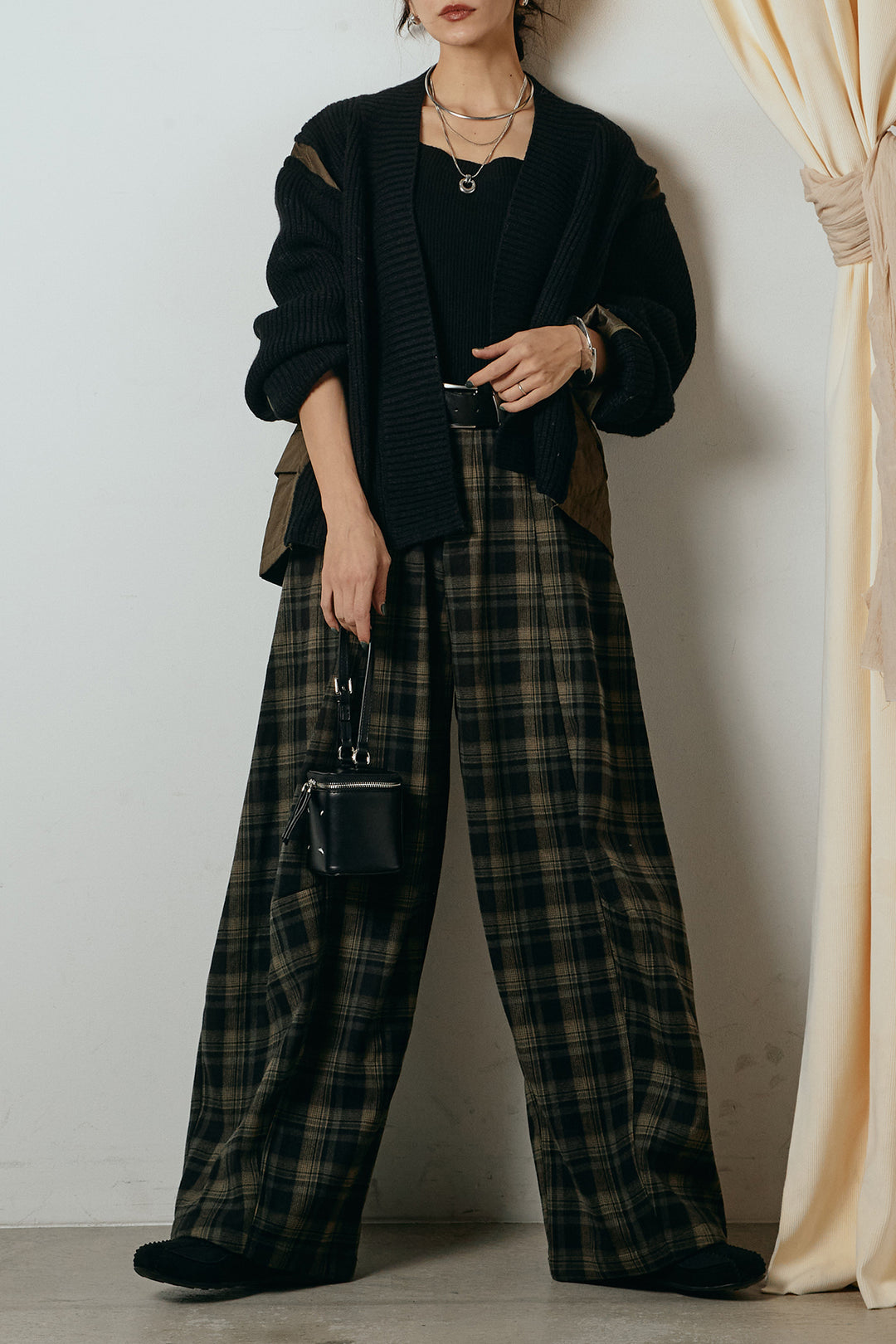 [SET]キルティング切り替えニットカーディガン+ベルト付きタータンチェックカーブワイドパンツ(2set)