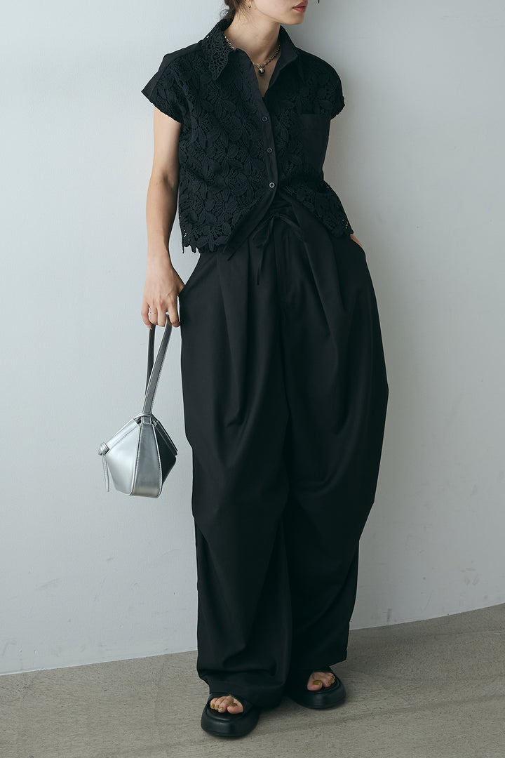 [SET]ノースリーブレース刺繍シャツ+デザインタックパンツ(2set)