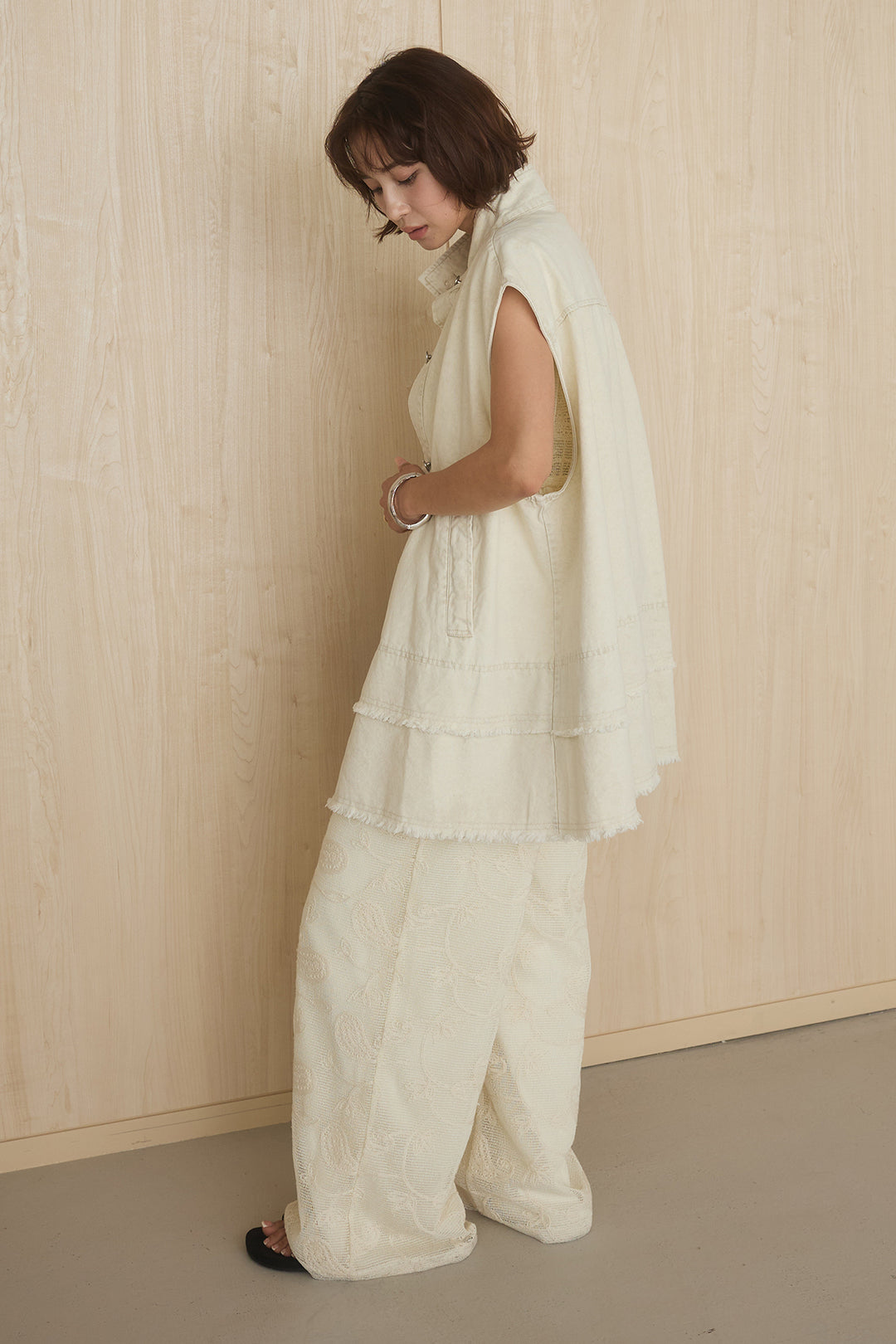 [SET]ケミカルデニムヘムカットオフジレ+レースサロペット(2set)