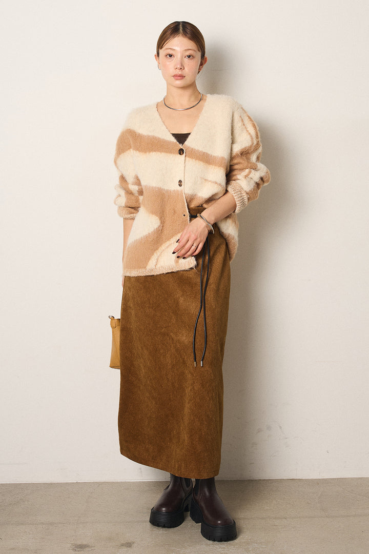 [SET]アクセントブラッシュドカーディガン+ロープベルト付きスウェード調スカート(2set)