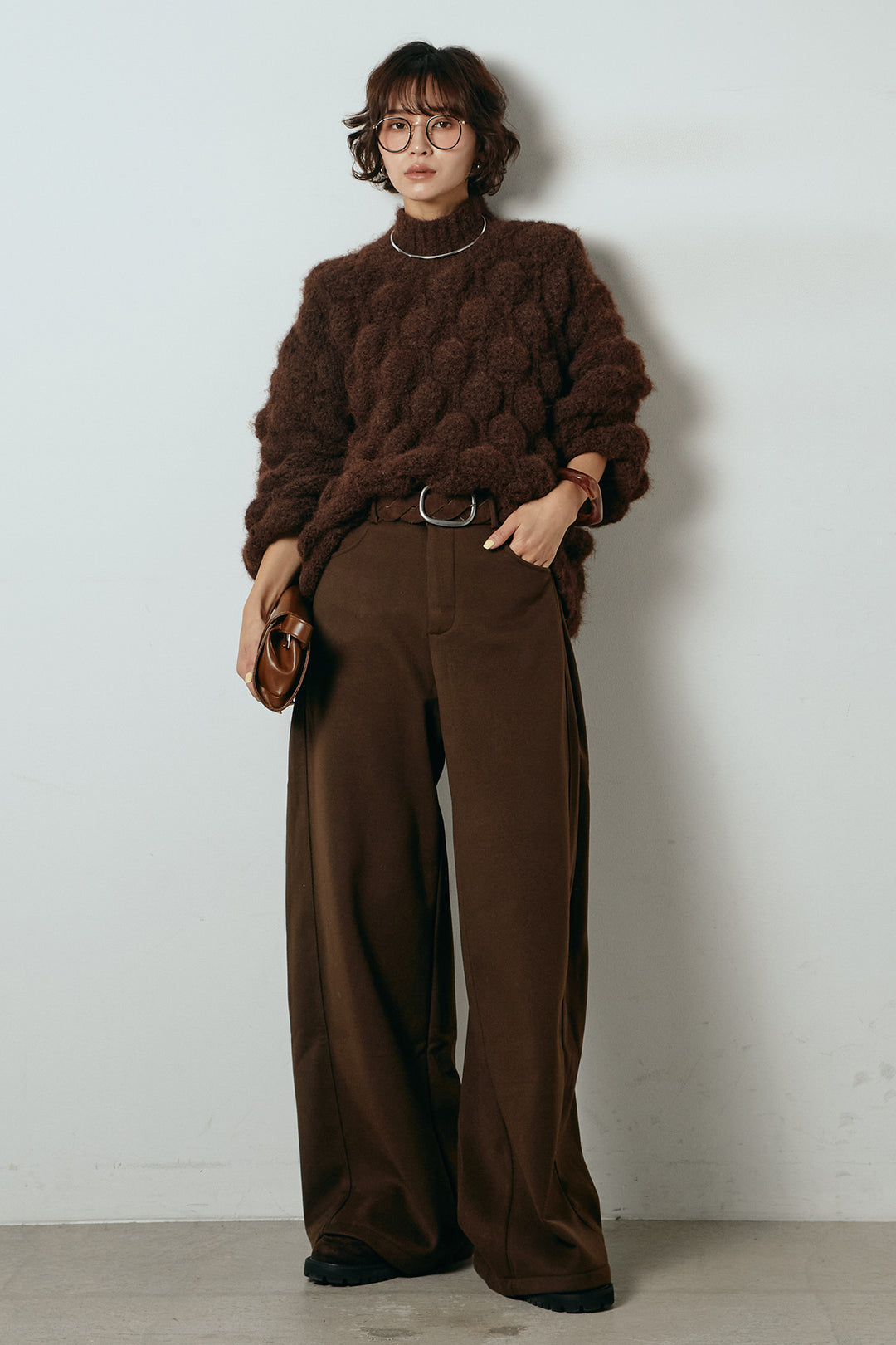 [SET]ボリュームポップコーンニットトップス+編みベルト付きワイドパンツ(2set)