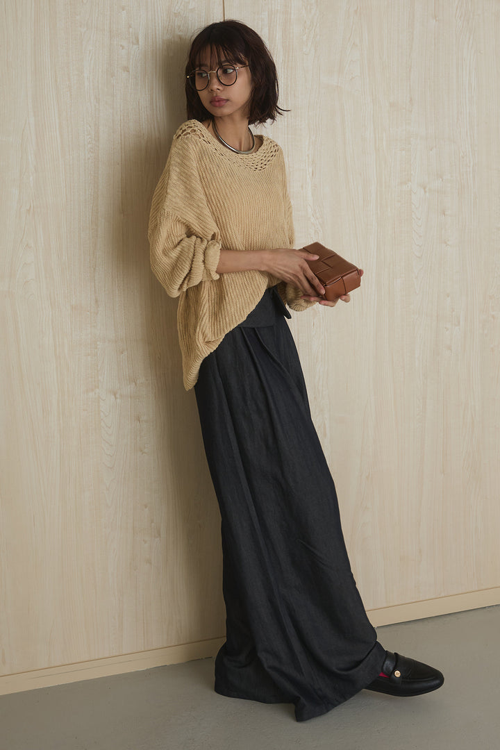 [SET]ネック編みデザインニットトップス+ウエスト折り返しワイドパンツ(2set)