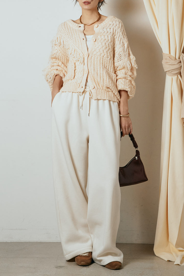 [SET]ランダムフリンジニットカーディガン+裏起毛スウェットワイドパンツ(2set)