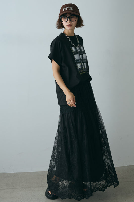 【着回しセット】フォトプリントラグランTシャツ+ミックスレース刺繍スカート+フォトプリントラグランTシャツ(3set)